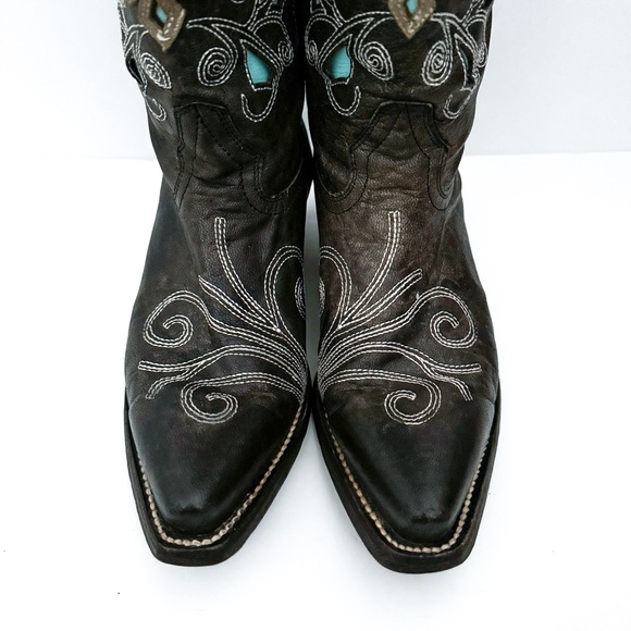 Dusty Rocker Dark Brown Black Leather Embroidered Snip Toe Cowboy Boots - Picture 3 of 11